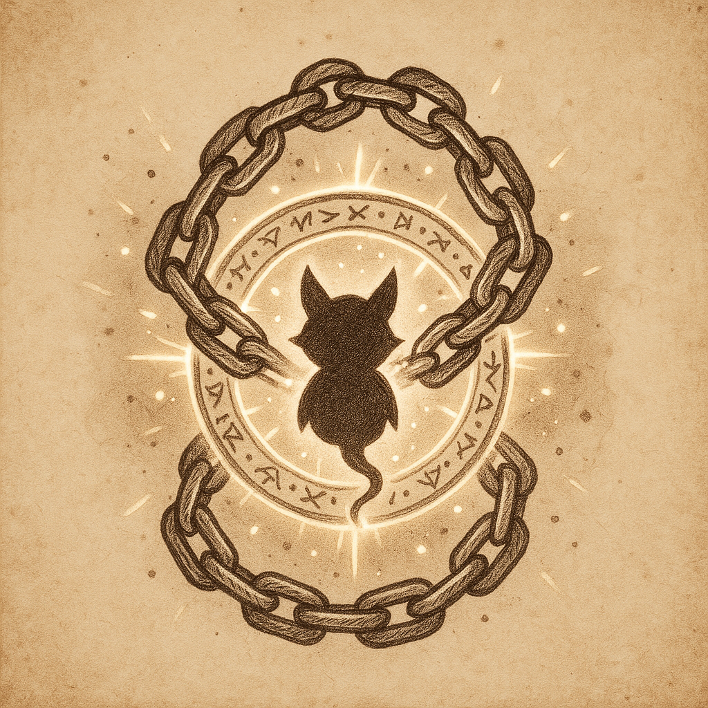 Fantasy icon of a glowing magical chain or rune circle binding a small orb or creature silhouette, drawn in fine ink lines with brown-gray tones on parchment background.