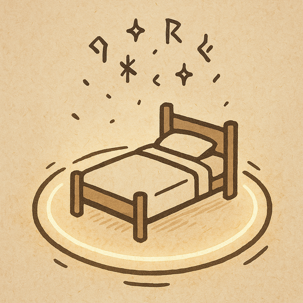 Minimalist fantasy icon of a glowing magic circle with a stylized bed in the center, and sparkles or small runes floating above. Hand-drawn ink style with light color highlights on parchment-textured background.