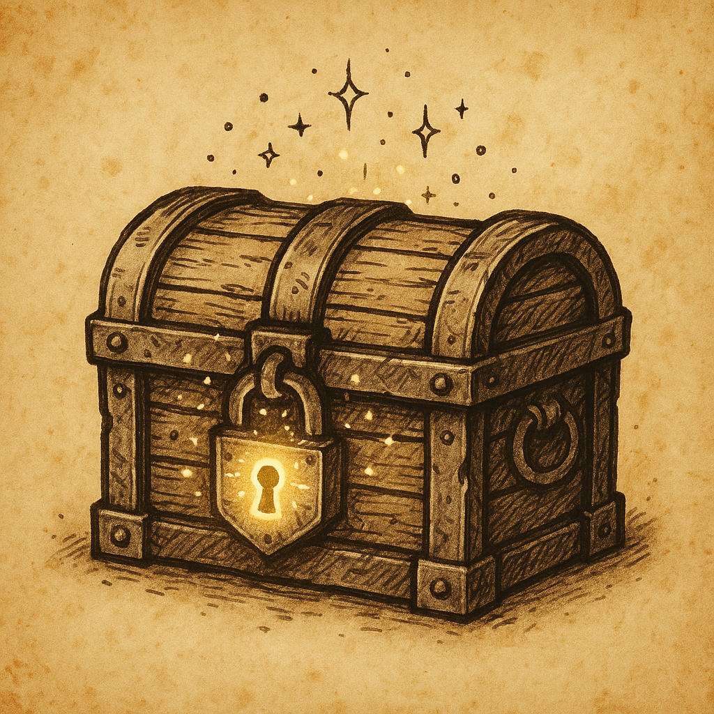Icon of a closed treasure chest with a glowing lock, emitting small sparkles or magical dust. Hand-drawn fantasy style in ink on yellowed parchment with subtle color.