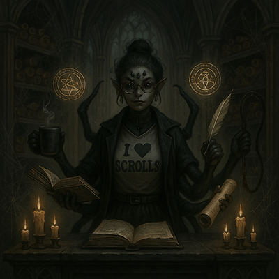 A stern spider-like librarian with eight arms, tiny glasses, and a whip, behind a gothic library desk.