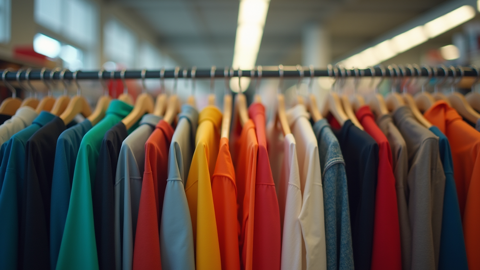 Eye-level view of a clothing rack filled with colorful garments