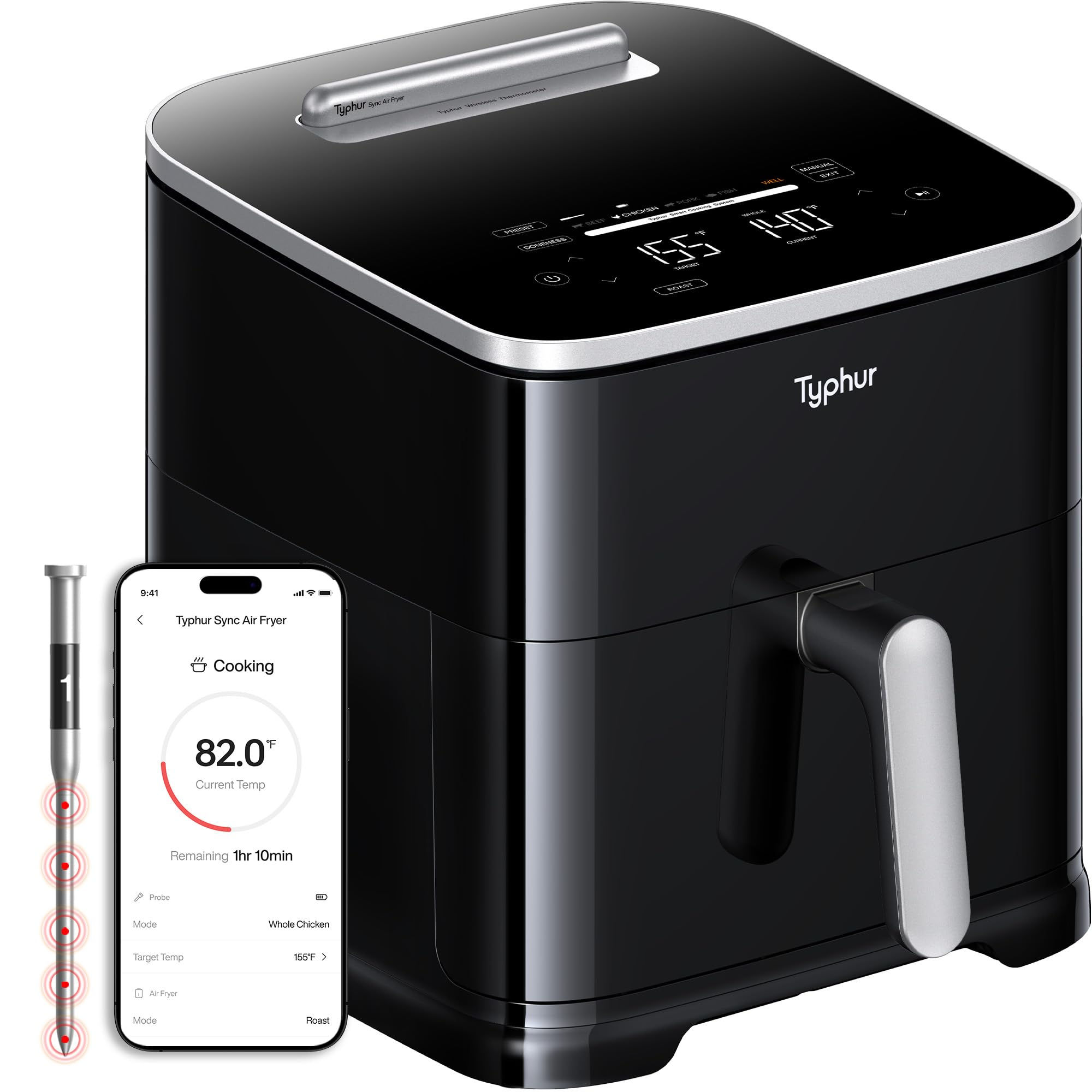Typhur Sync 8QT AI Smart Air Fryer with Built-in Wireless Meat Thermometer .