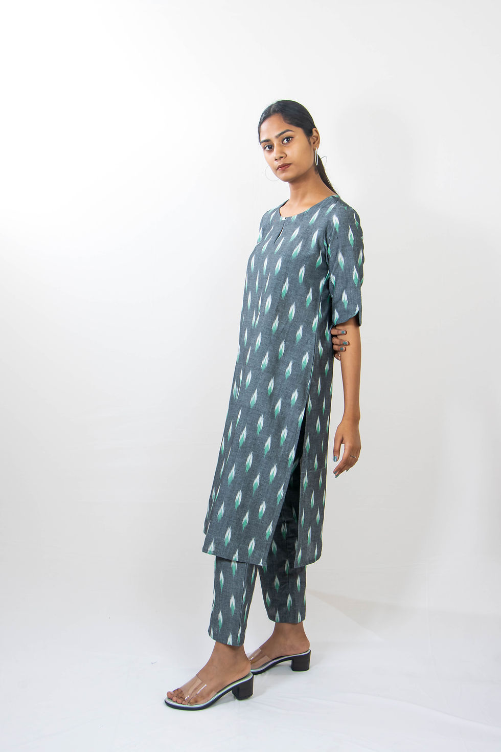 Thumbnail: Grey Glamour Ikat Kurta Set side