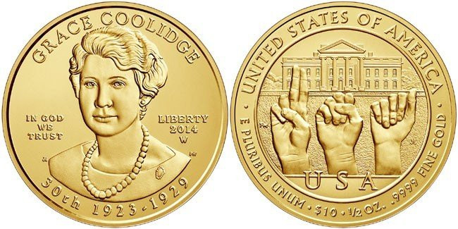 Grace Coolidge with her pearl necklace on the 2014 gold coin
