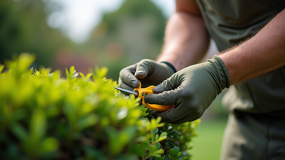 Close-up view of a gardener trimming a shrub in a residential garden