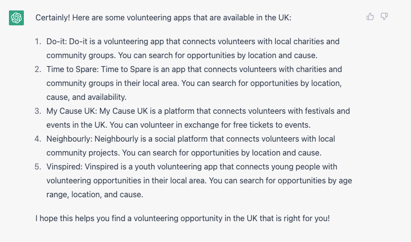 Figure 7. Clarke. 2023 . Chat GPT offering suggestion for UK Volunteering websites and apps