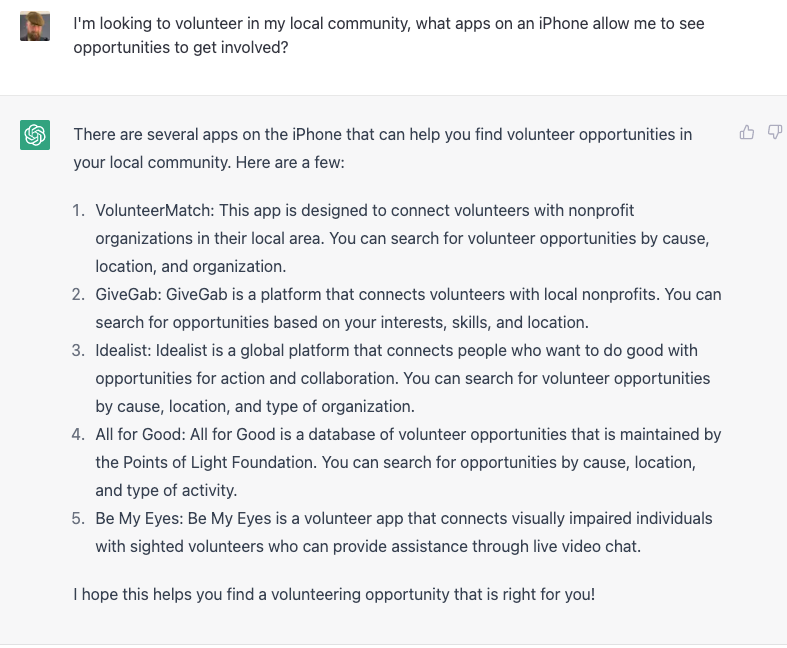 Figure 6. Clarke. 2023 . Chat GPT offering suggestion for Volunteering Apps