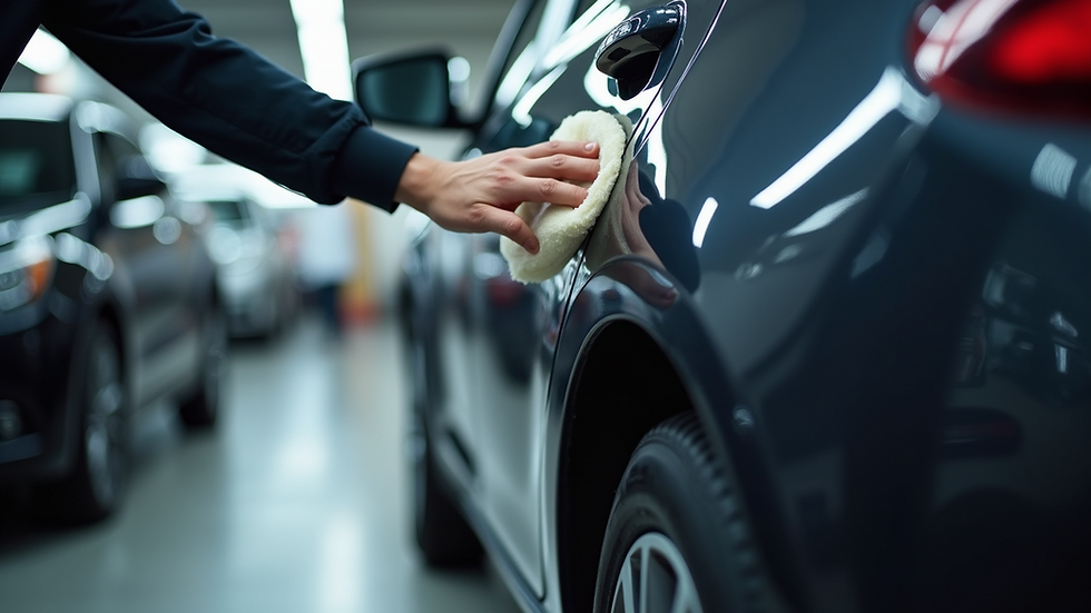 Eye-level view of a detailer polishing a car's exterior