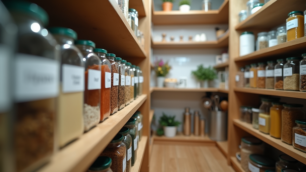 Eye-level view of a neatly organised kitchen pantry with labelled containers