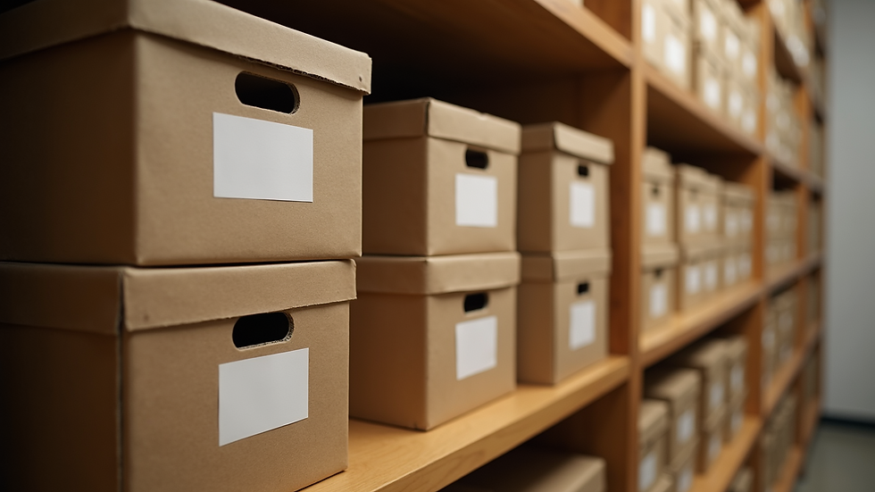 Close-up view of labelled storage boxes neatly stacked in a closet