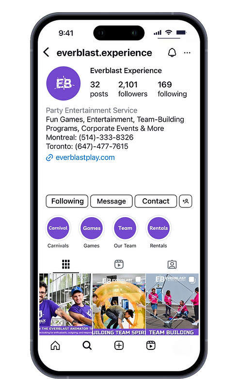 creenshot of Everblast’s Instagram page showing event highlights and client engagement.