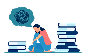 Illustration einer Frau, die am Boden sitzt und sitzlich grübelt. Rundherum sind Bücherstapel zu sehen.