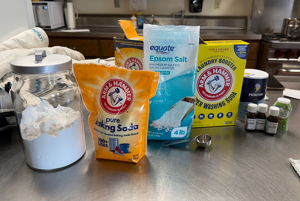 Ingredients we used were baking soda, epsom salt, washing soda, sea salt, essential oils, stevia drops, and bentonite clay (not pictured)