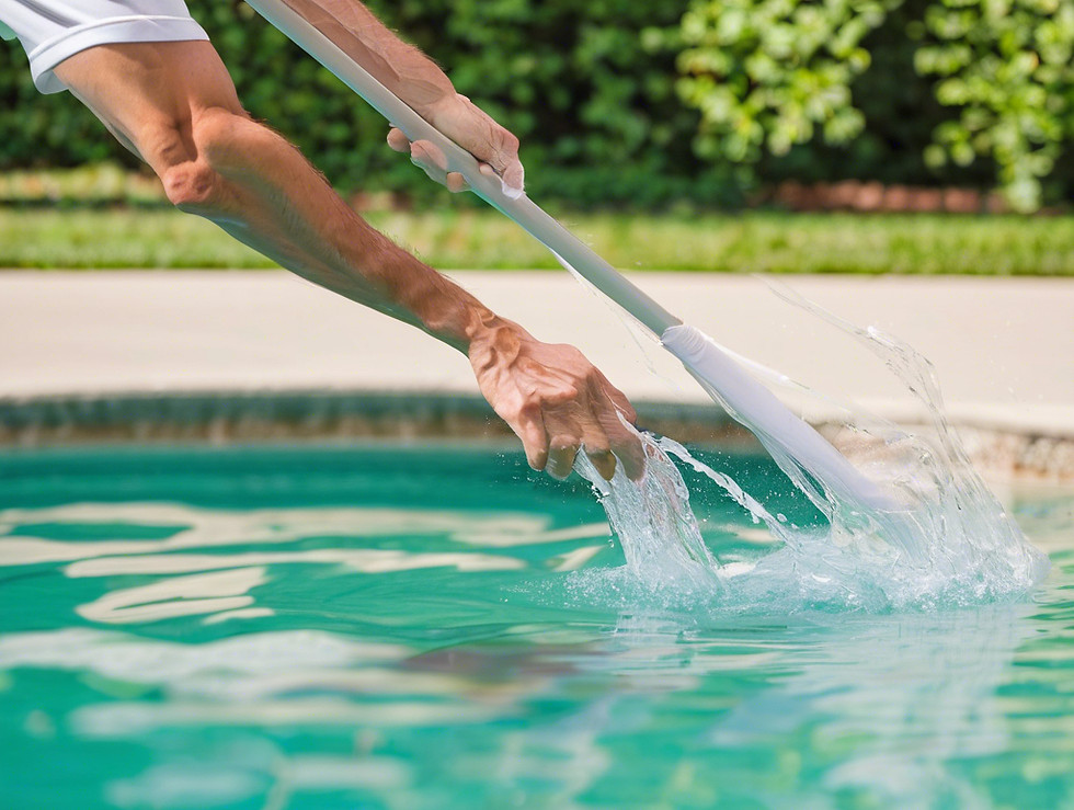 Pool services technician skimming a pool in the backyard