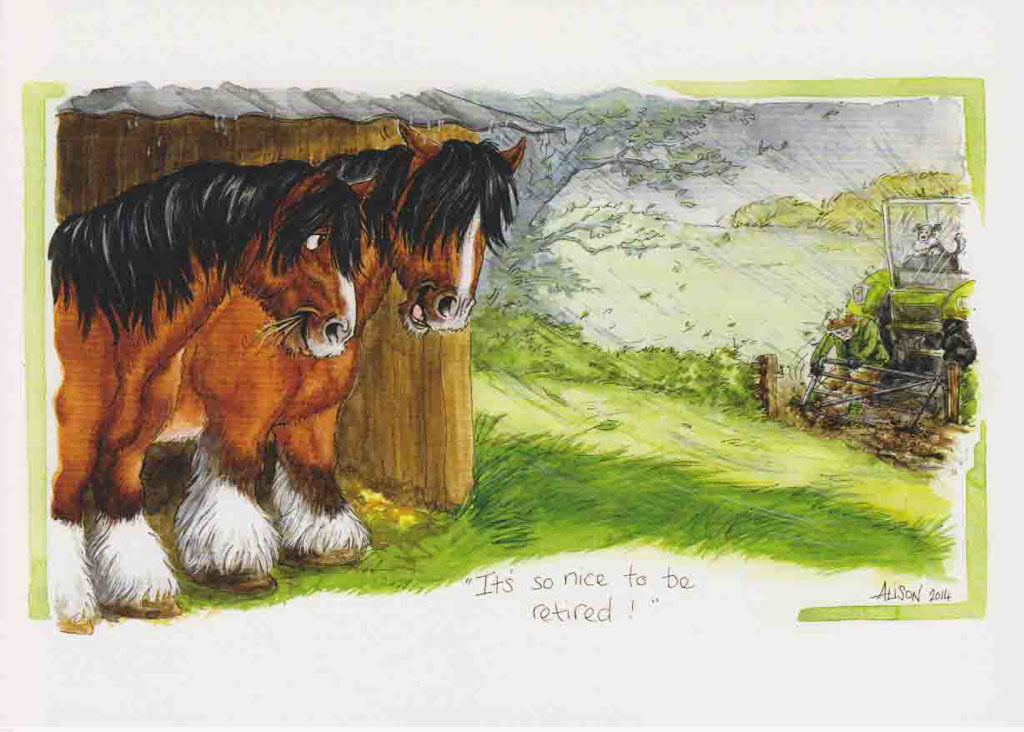 Humorous cartoon art print of 2  Shire horses standing in their shelter watching a farmer struggle with a gate