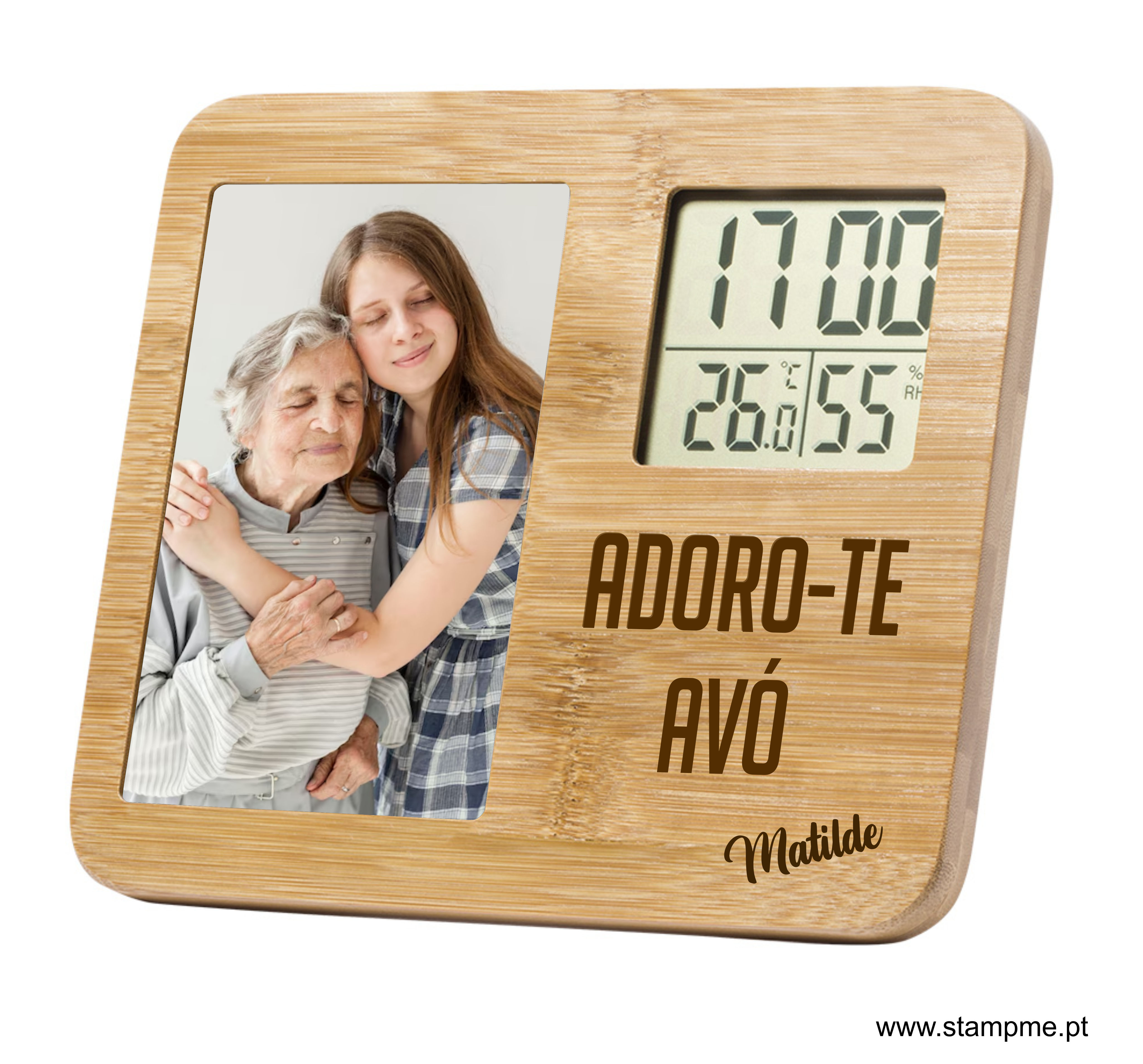 moldura bambu com relógio e gravação laser. prenda para o dia dos avós