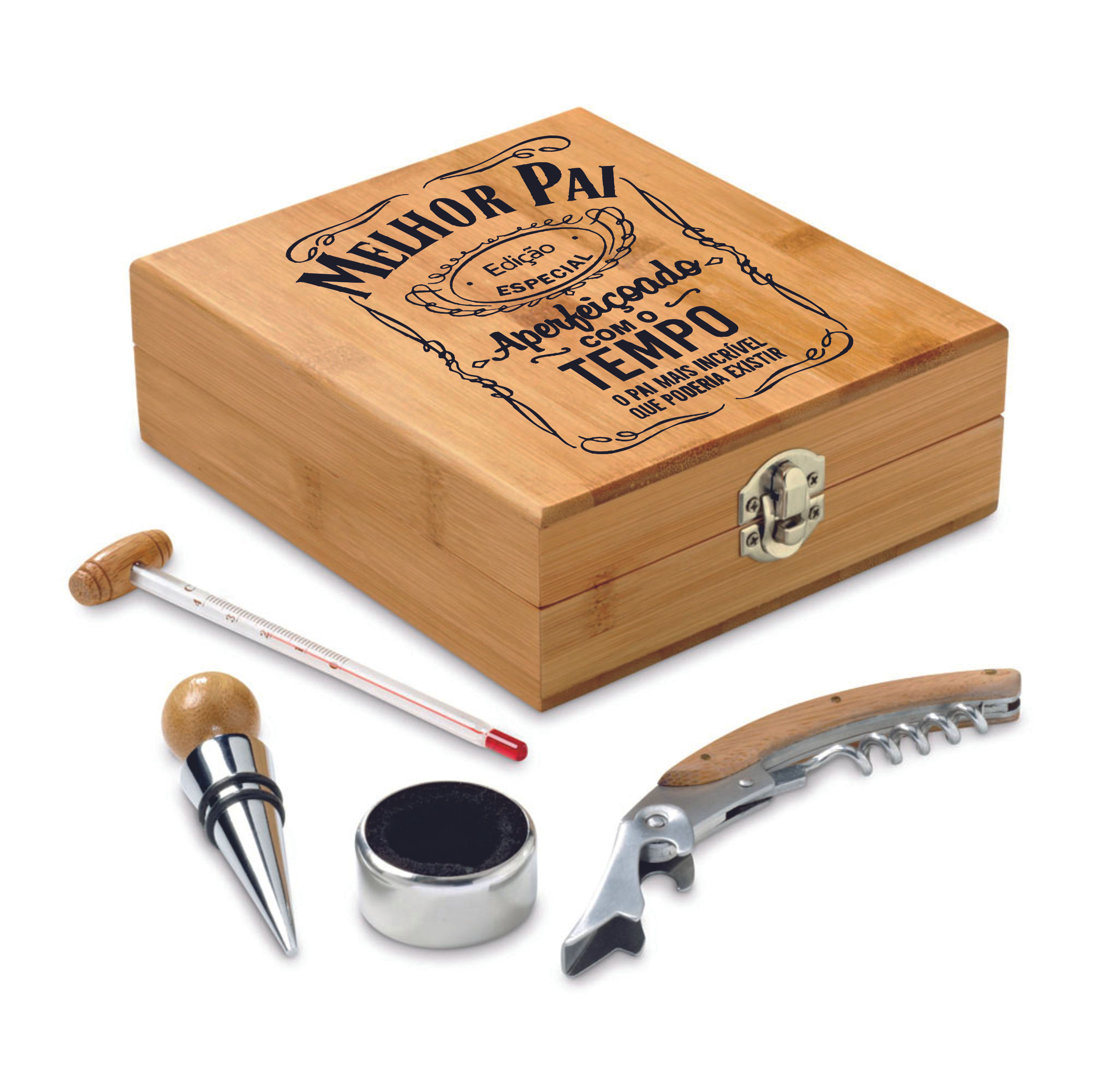 Caixa em bambu com acessórios de vinho