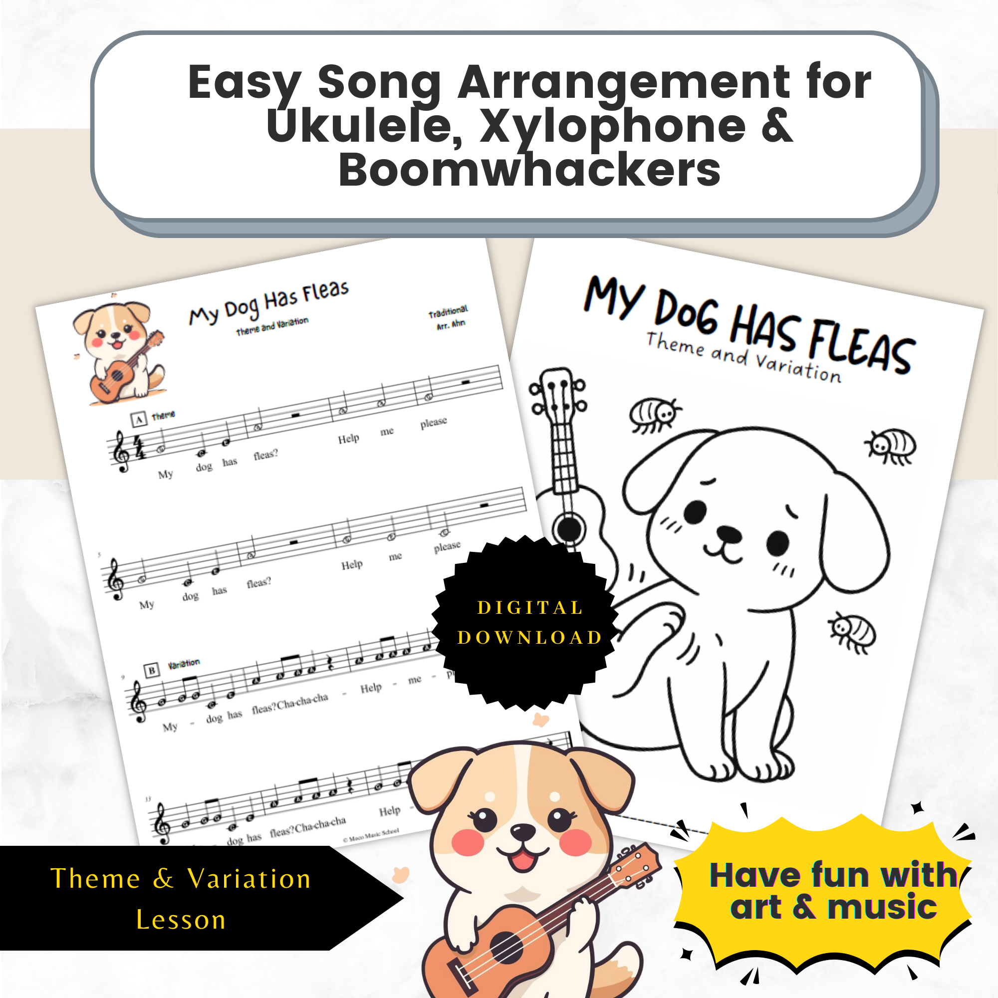 My Dog Has Fleas Ukulele Song | Xylophone & Piano Arrangement | Elementary Music