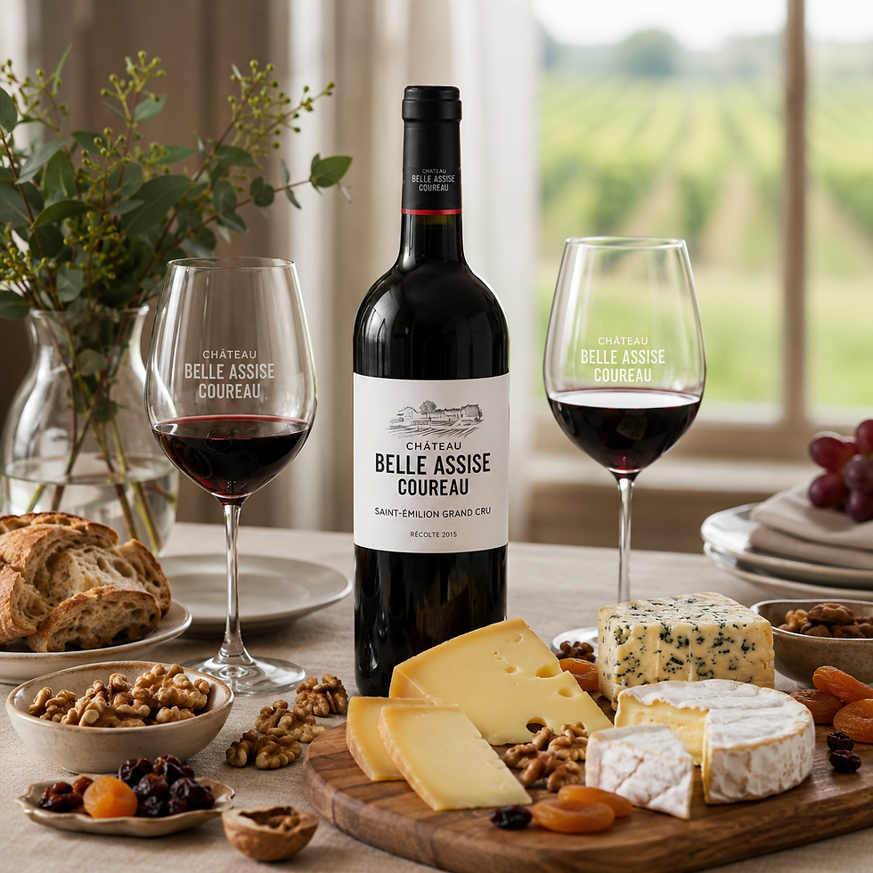 Chateau Belle Assise Coureau Saint-Emilion Grand Cru 2015 with a cheese plate.