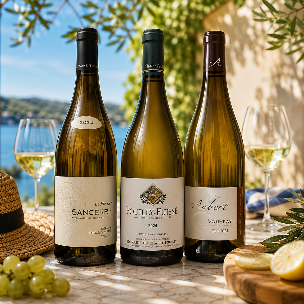 “French white wine case with Sancerre, Pouilly-Fuissé and Vouvray bottles on a summer table”