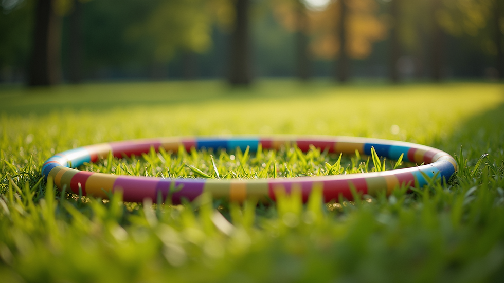 Eye-level view of a colorful hula hoop lying on a grassy field