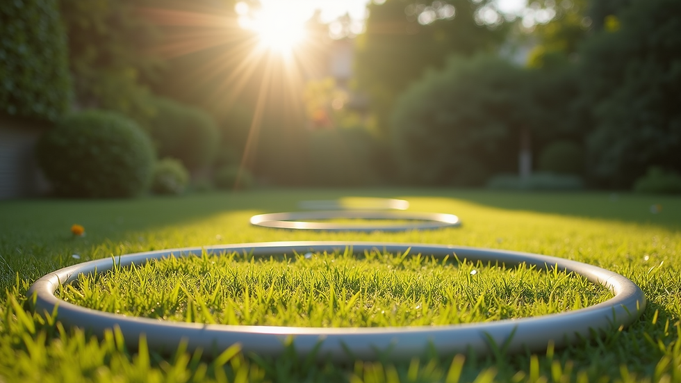 Wide angle view of a peaceful garden setting with hula hoops scattered around