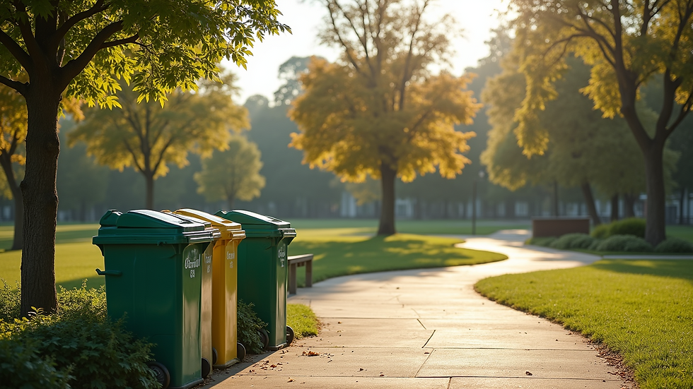 High angle view of a serene park with eco-friendly initiatives like recycling bins