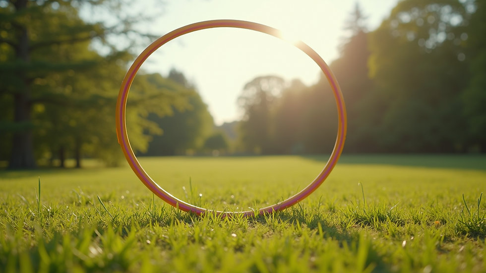 Wide angle view of an open grassy space ideal for hula hooping