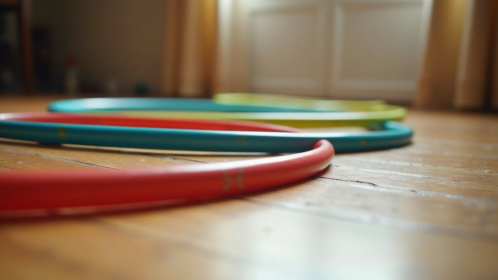 Eye-level view of colorful hula hoops lined up on a wooden floor