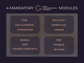 4 boxes describing the 4 mandatory GTT modules: the Holotropic Paradigm, psycho-spiritual crisis, music and transcendence, the power within
