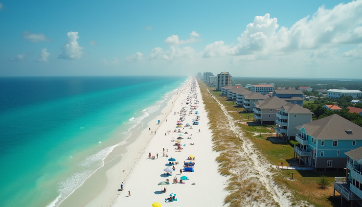 High angle view of a Destin beach with vacation rental homes and tourists enjoying the sun