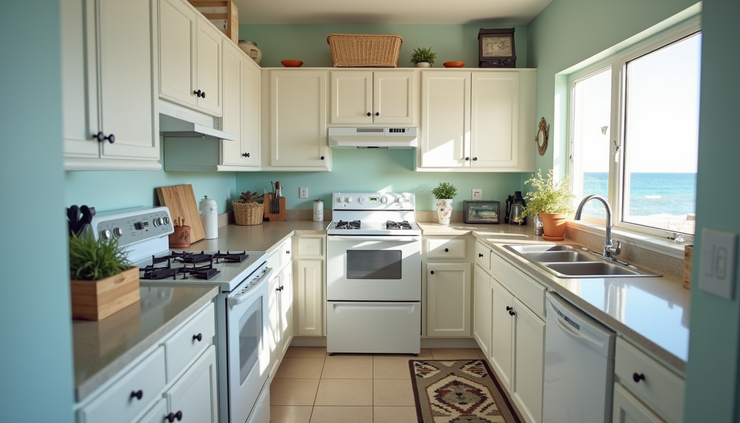 High angle view of a clean and well-organized vacation rental kitchen in Panama City Beach