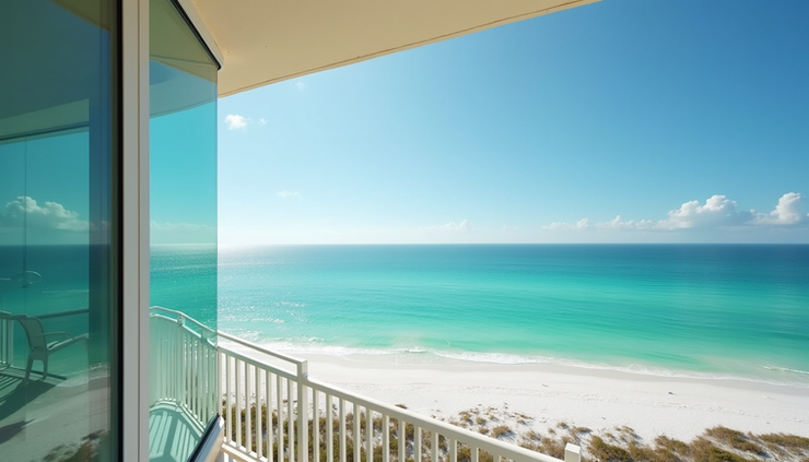 Eye-level view of a beachfront Airbnb rental property with turquoise waters in Panama City Beach