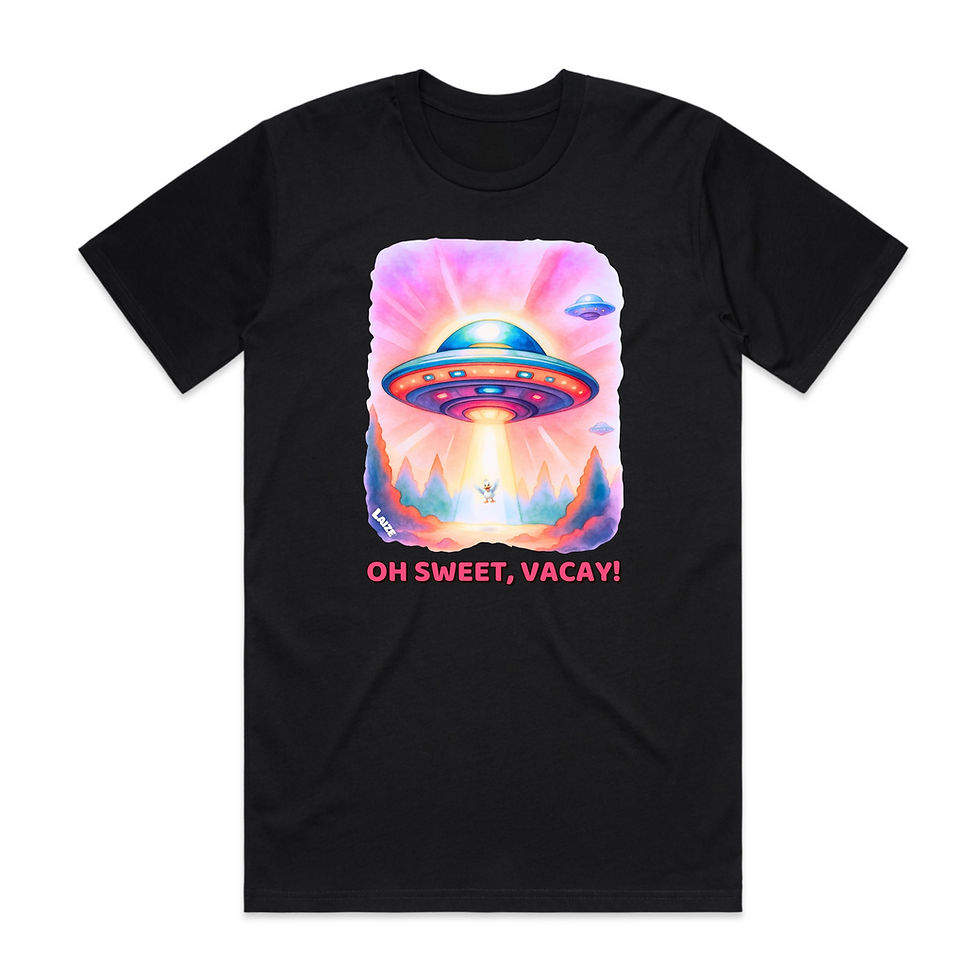 Black t-shirt with colourful UFOs. One is taking Tuffy the duck up in its beam. Below reads, “Oh sweet! Vacay!”.