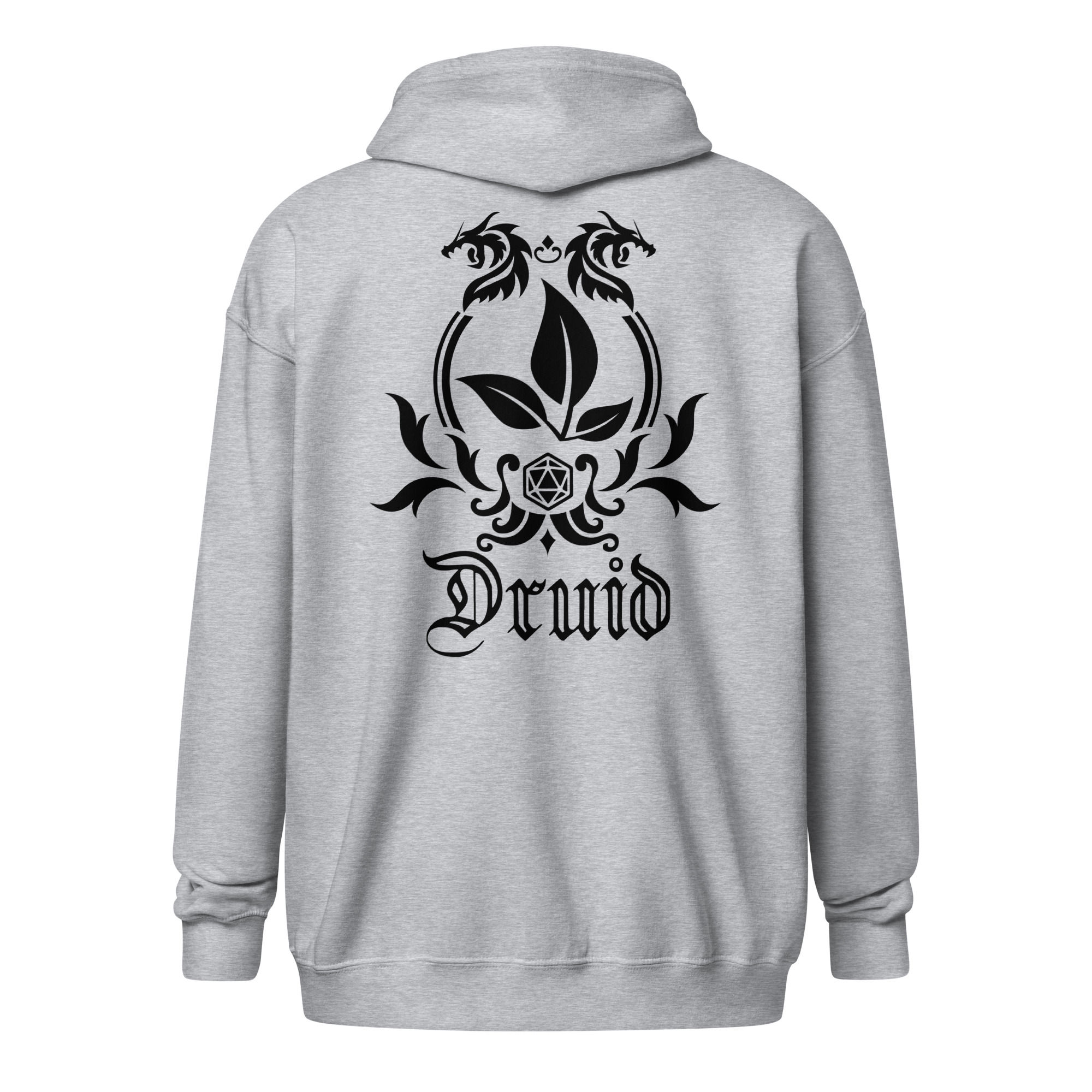 Druid Unisex heavy blend zip hoodie with dice bag detail on the front