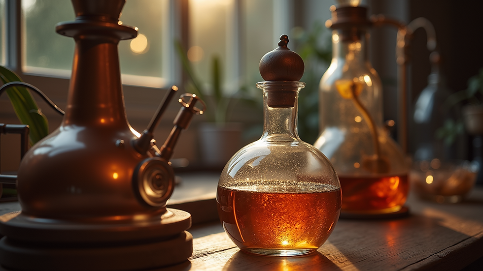 Close-up view of a traditional perfume distillation setup