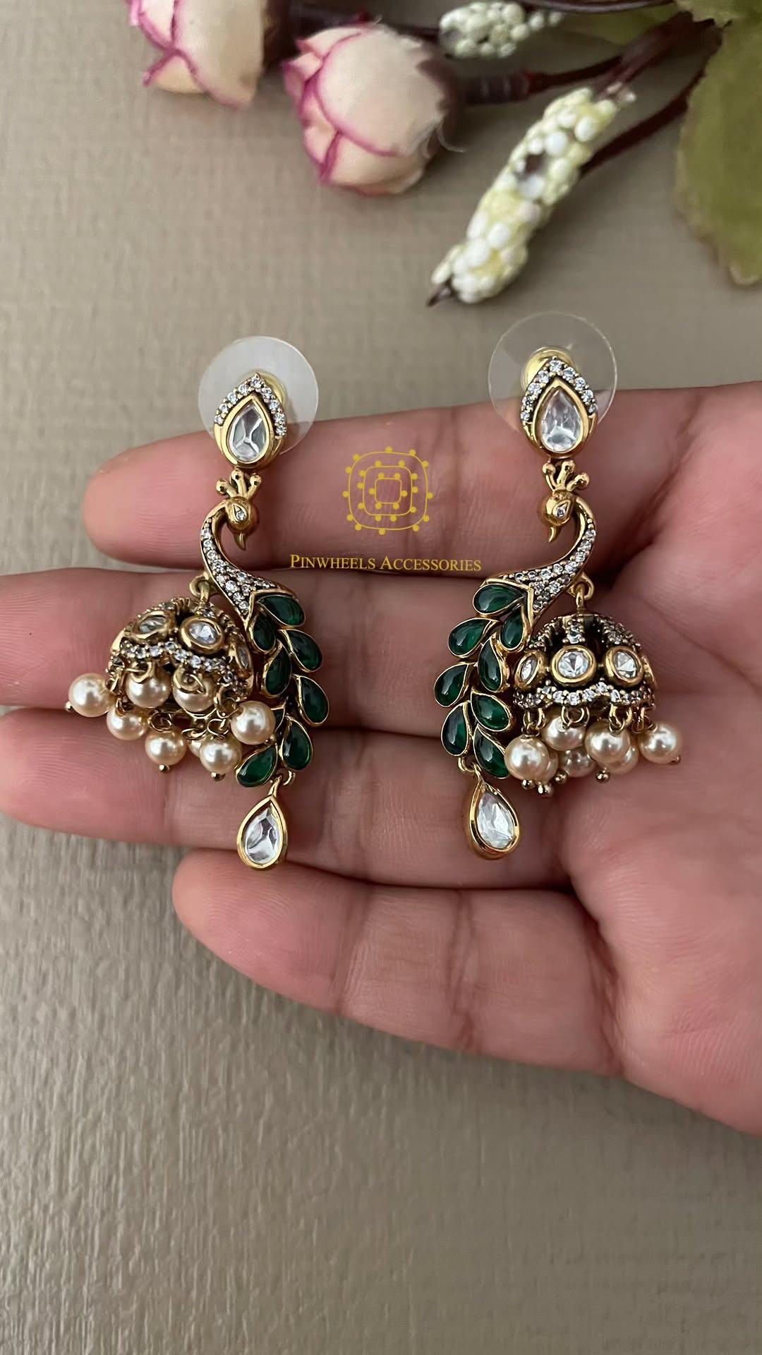 PEACOCK COLOURED STONE POLKI PEARL JHUMKAS BY PINWHEELS ACCESSORIES