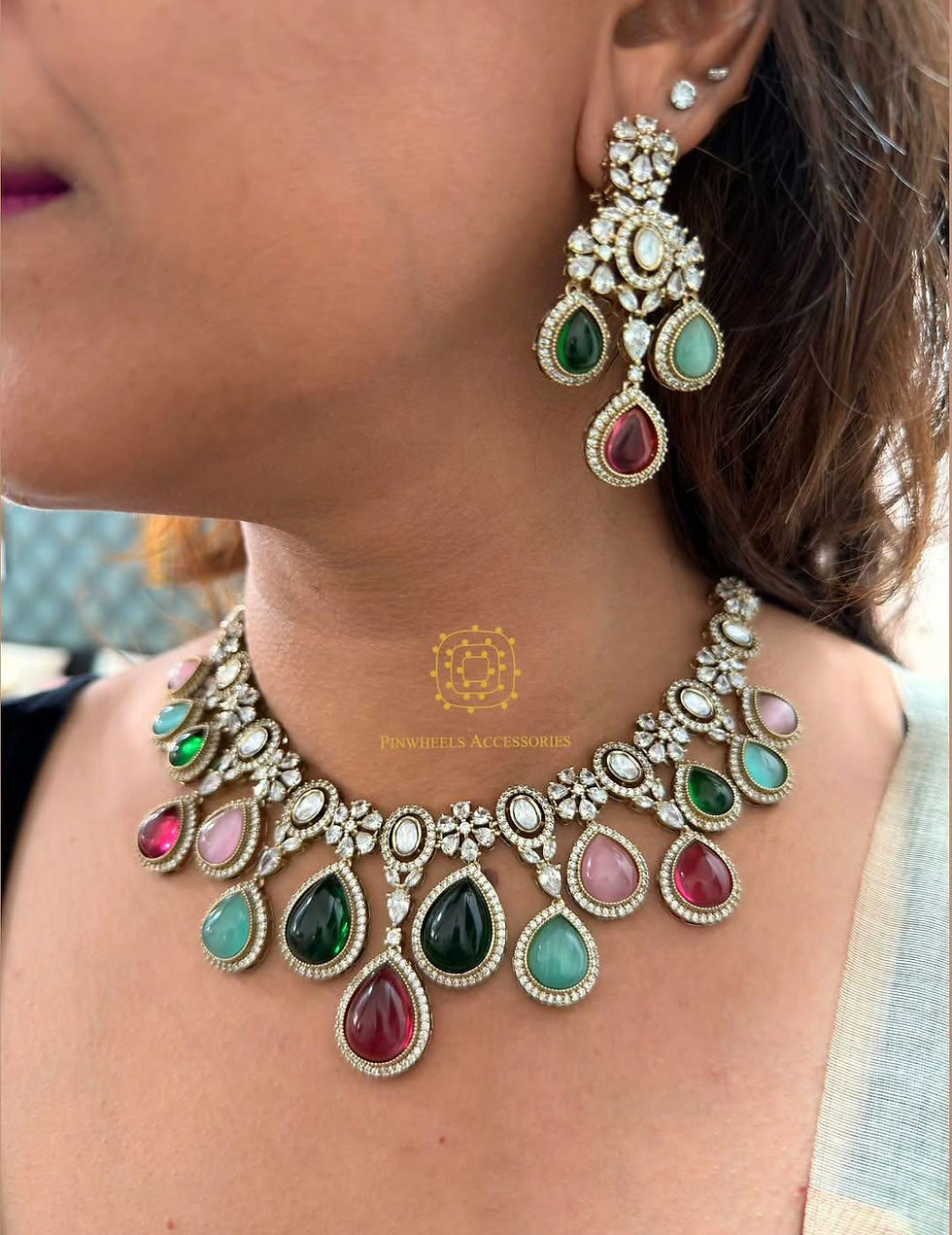 Thumbnail: VICTORIAN COLOURED STONE DIAMONDY BRIDAL NECKLACE SET BY PINWHEELS ACCESSORIES 