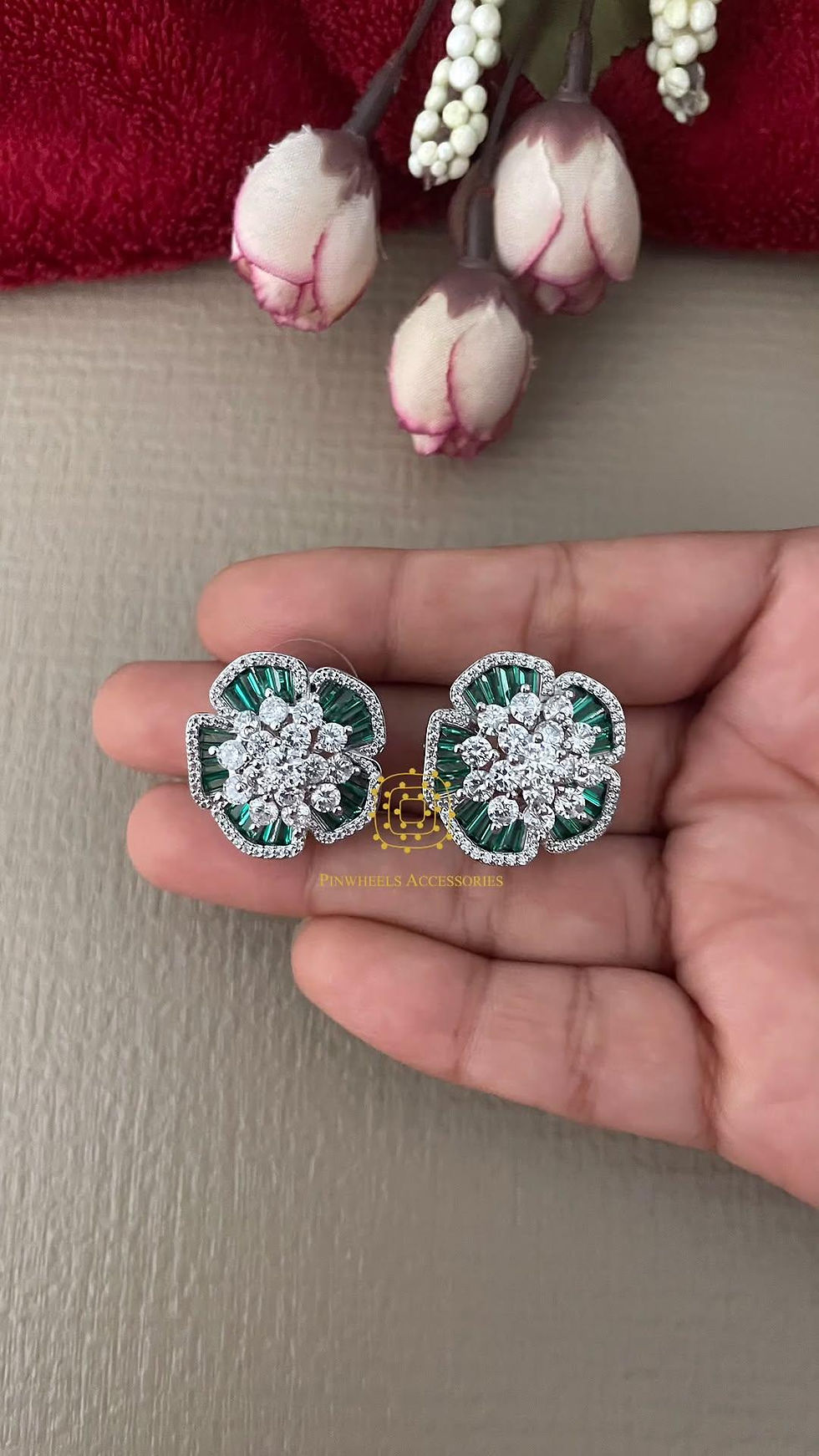 Thumbnail: DIAMONDY COLOURED STONE FLOWERY STUDS