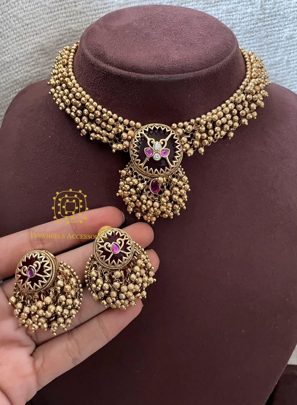 Thumbnail: ANTIQUE GOLDEN BEAD CLUSTERED MEENAKARI NECKLACE 