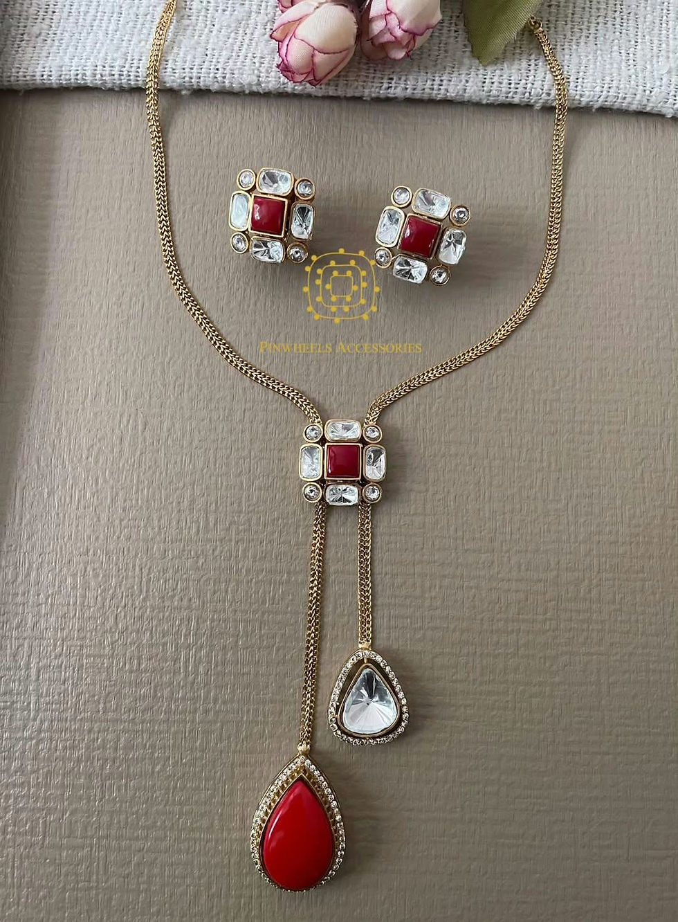 Thumbnail: POLKI COLOURED STONE PENDANT SET