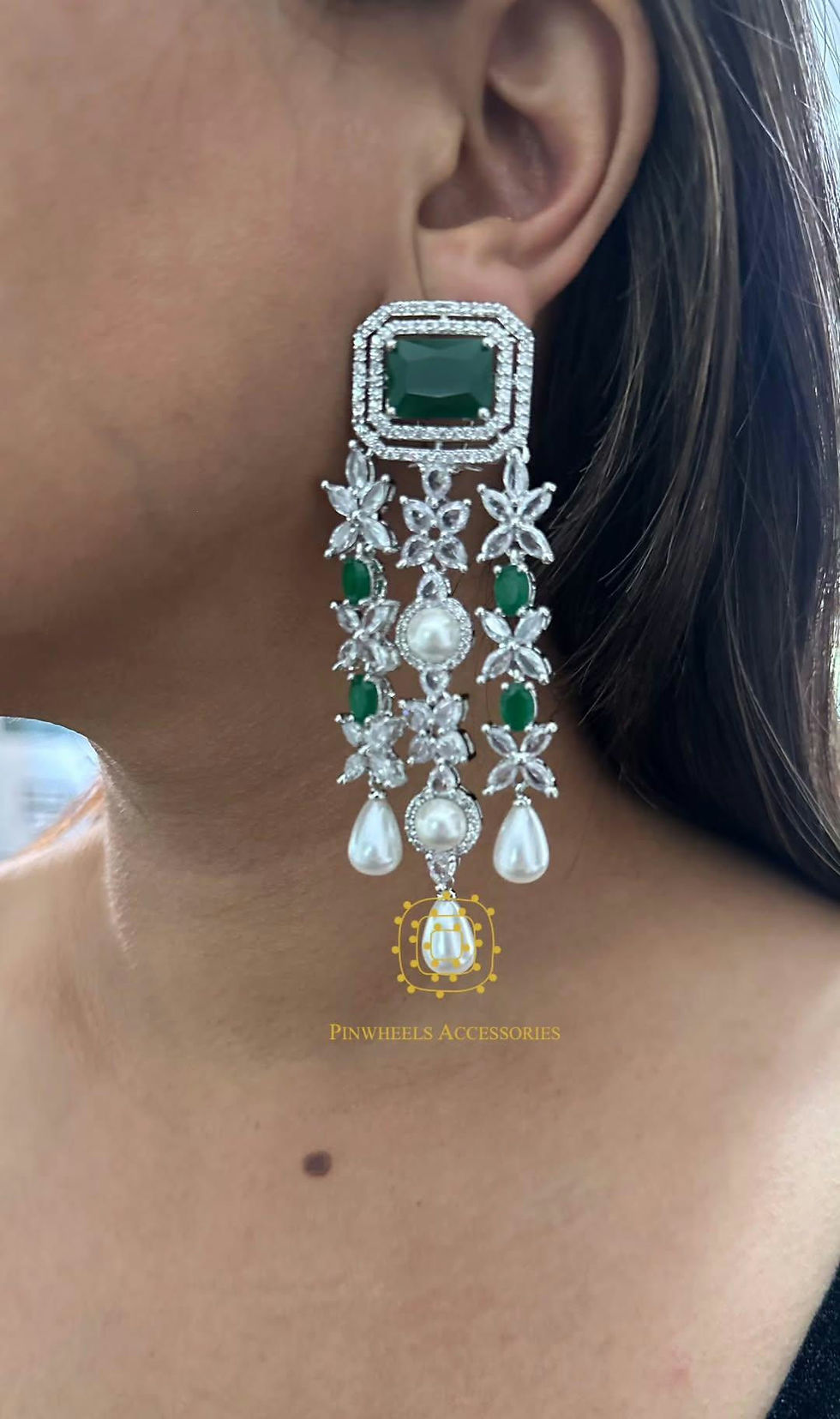 Thumbnail: CZ COLOURED STONE LONG EARRINGS 