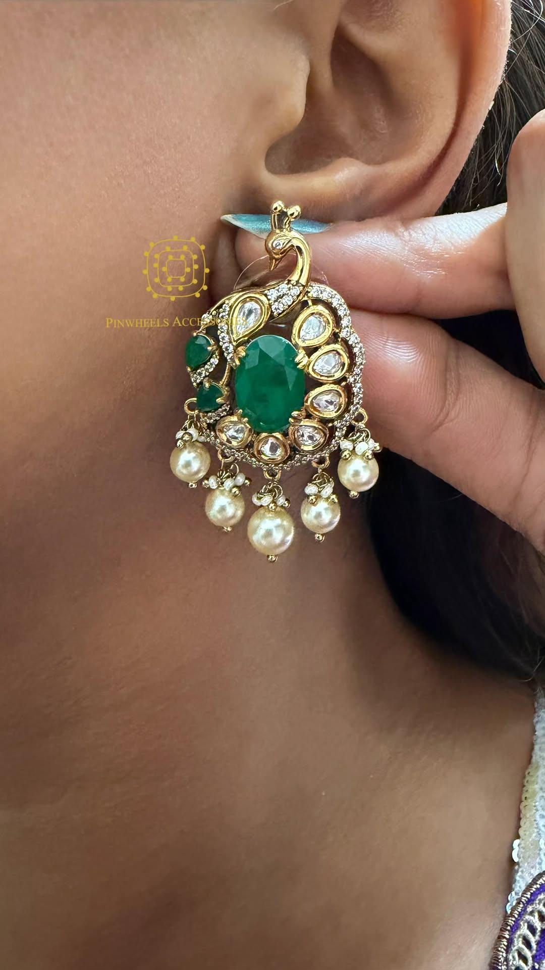 PEACOCK COLOURED STONE POLKI PEARL EARRINGS BY PINWHEELS ACCESSORIES