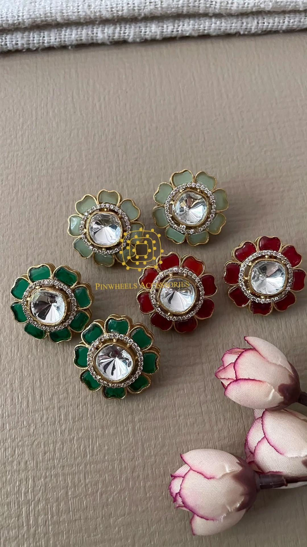 POLKI COLOURED STONE FLOWERY STUDS