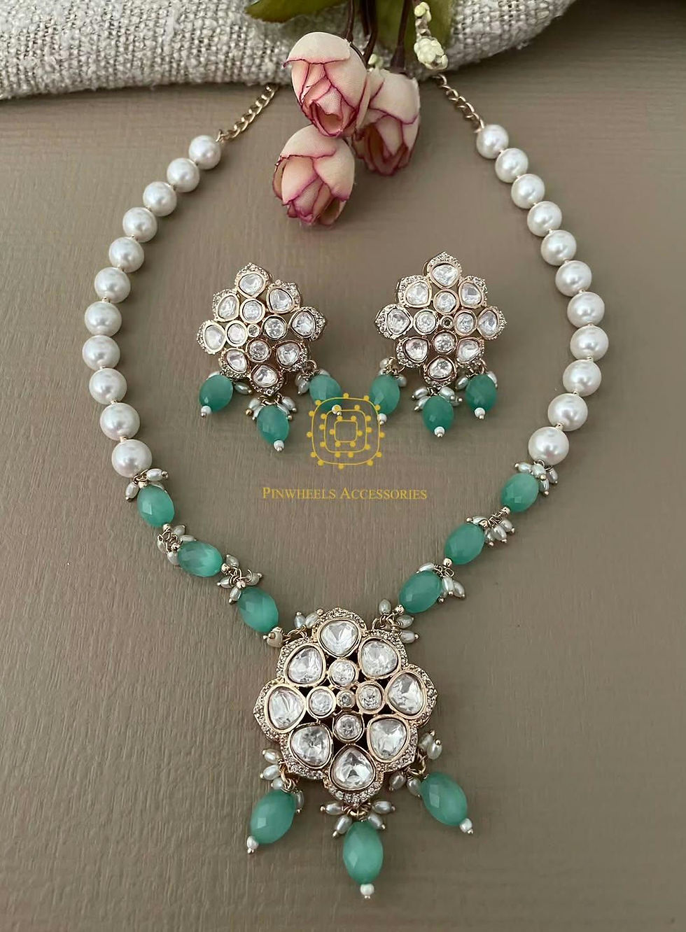 Thumbnail: PEARL POLKI COLOURED BEADS NECKLACE BY PINWHEELS ACCESSORIES 