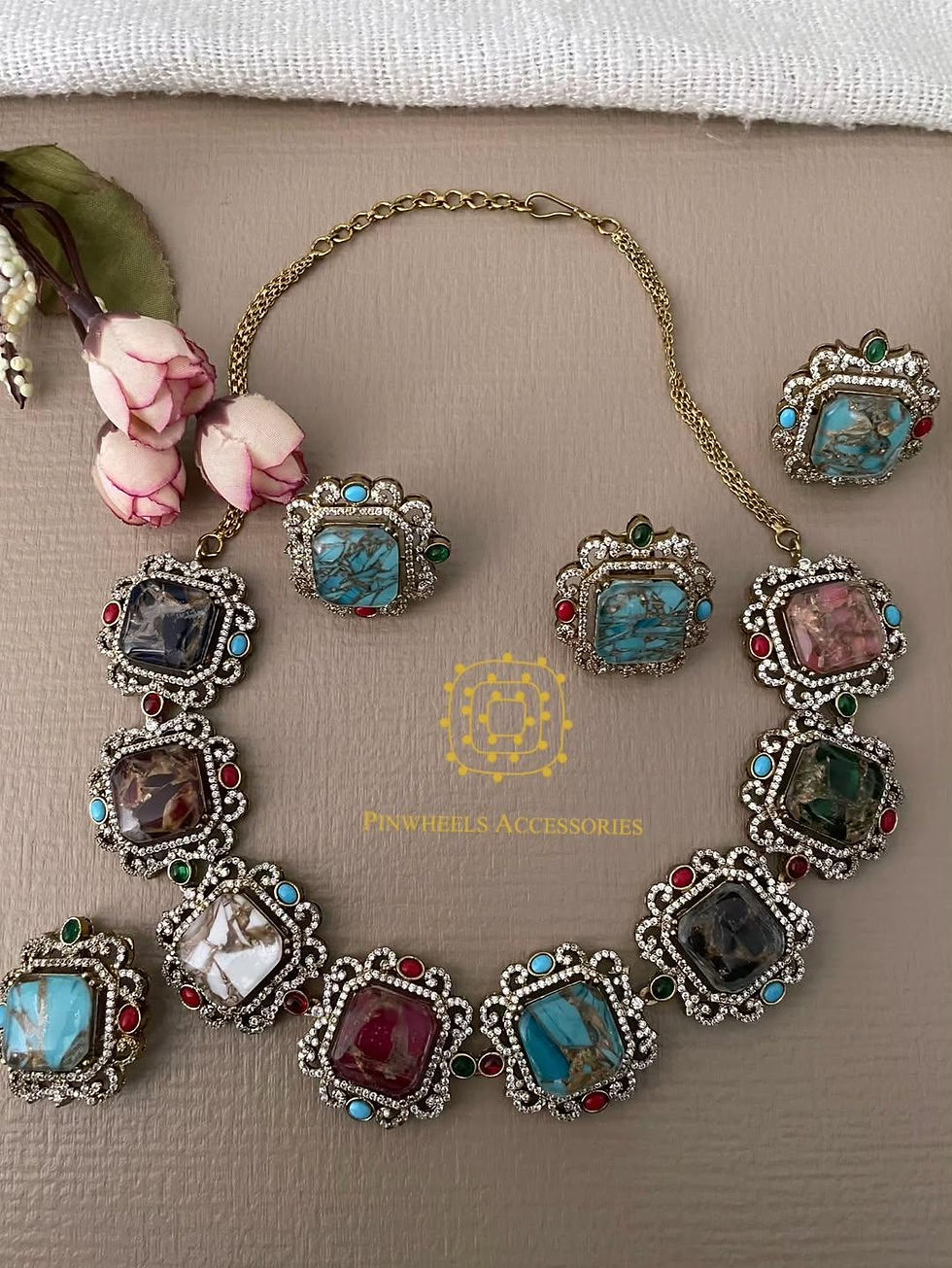 Thumbnail: MOSAIC STONE NECKLACE WITH FINGER RING AND BROOCH 