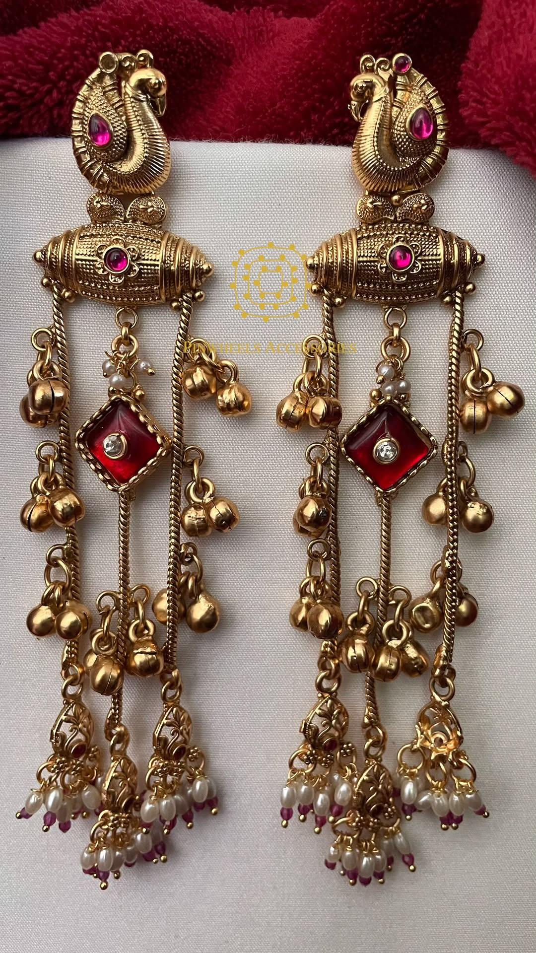 KASHMIRI LONG PEACOCK GOLD PLATED EARRINGS 