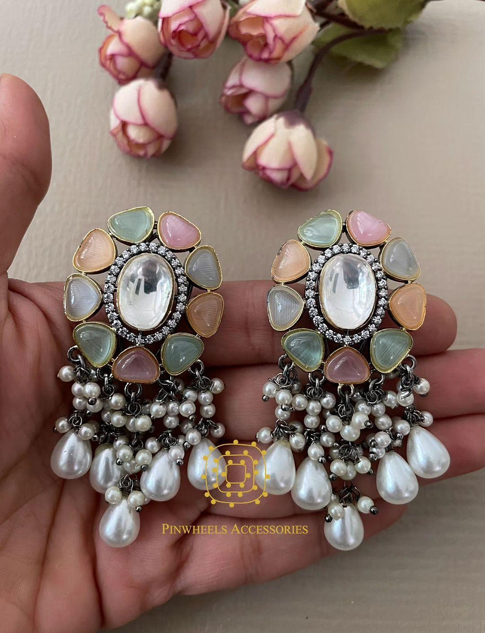 Thumbnail: COLOURED STONE POLKI EARRINGS 