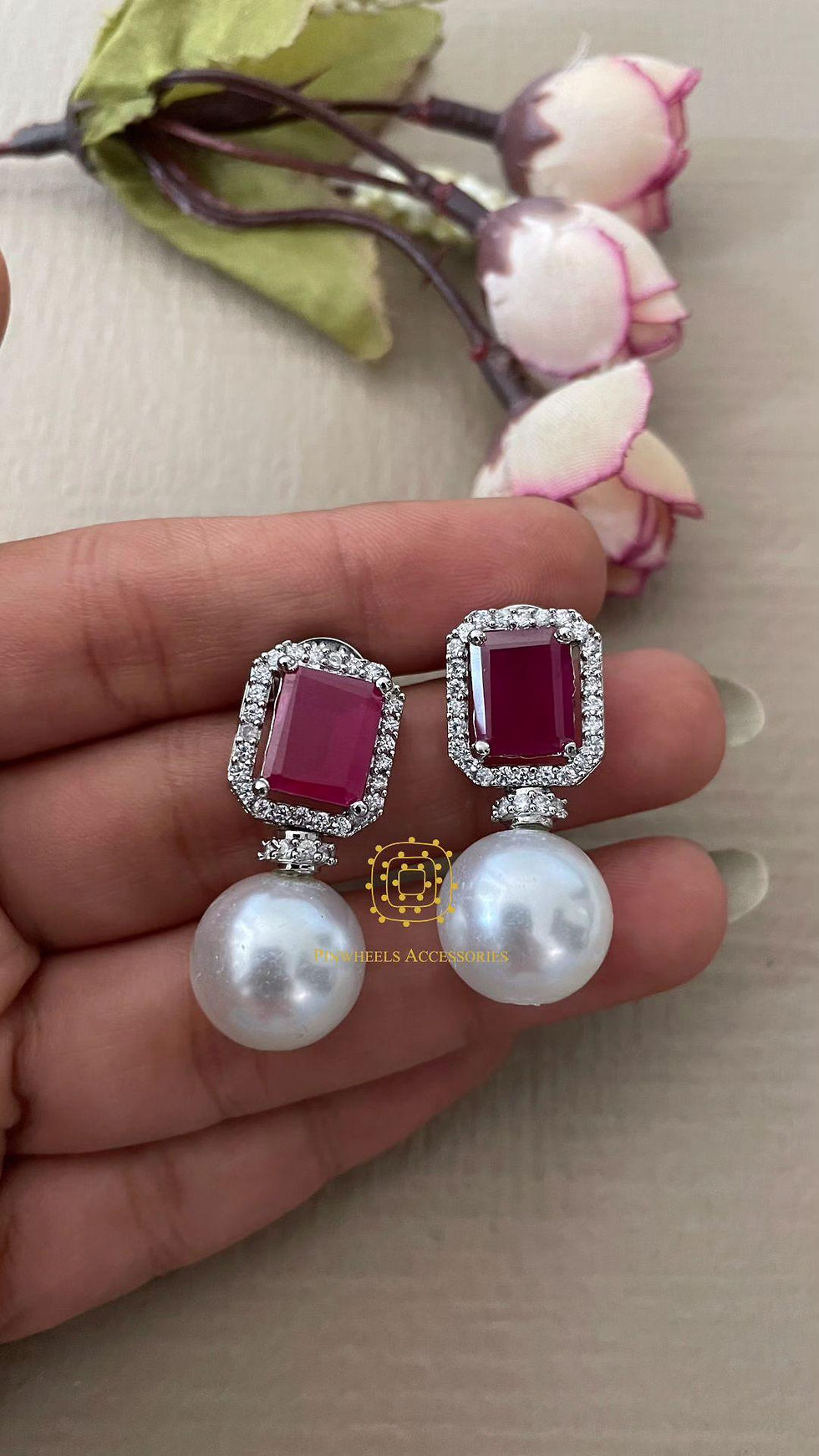 Thumbnail: DOUBLET STONE PEARL EARRINGS 