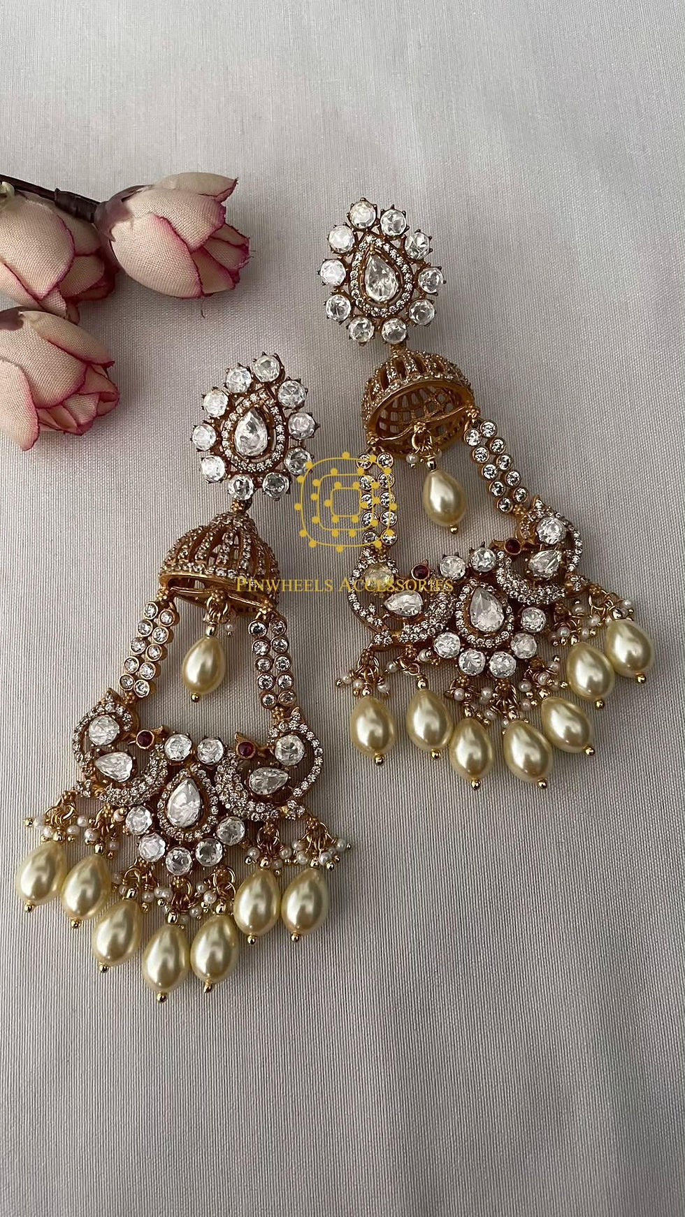 Thumbnail: LONG MOISSANITE STONE PEACOCK JHUMKA